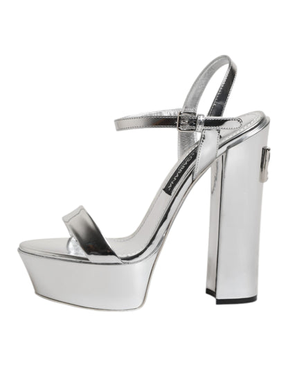Dolce &amp; Gabbana Silver Leather Platform Keira Sandals Shoes