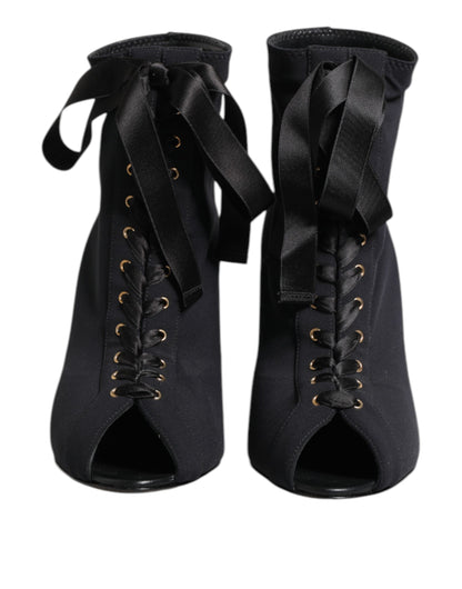 Dolce &amp; Gabbana Black Stiletto Heels Lace Up Boots Shoes