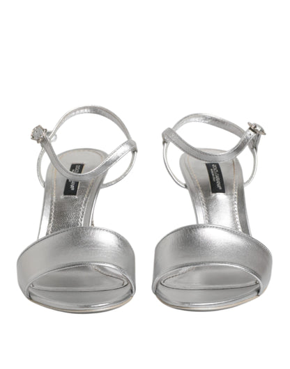 Dolce &amp; Gabbana Silver Leather DG Heels Keira Sandals Shoes