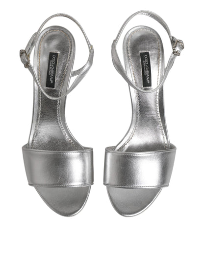 Dolce &amp; Gabbana Silver Leather DG Heels Keira Sandals Shoes