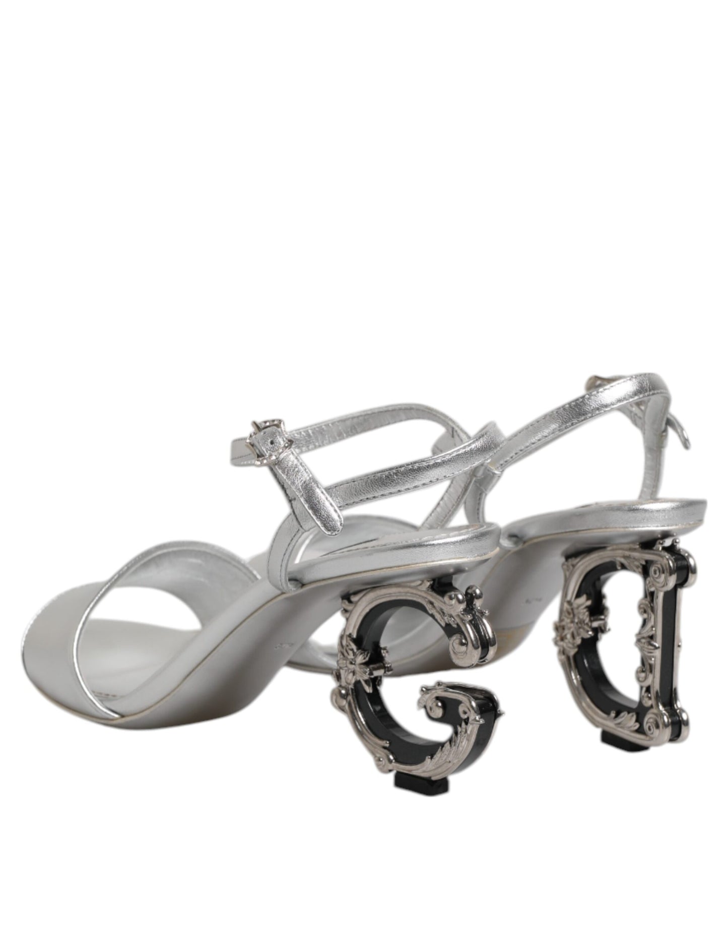 Dolce &amp; Gabbana Silver Leather DG Heels Keira Sandals Shoes