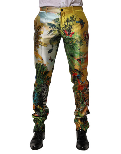 Dolce &amp; Gabbana Multicolor Forest Print Silk Skinny Men Pants