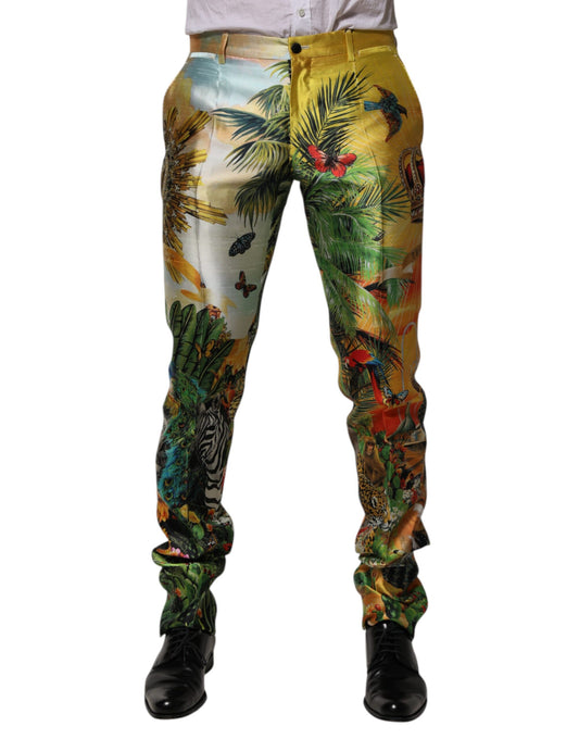 Dolce &amp; Gabbana Multicolor Forest Print Silk Skinny Men Pants