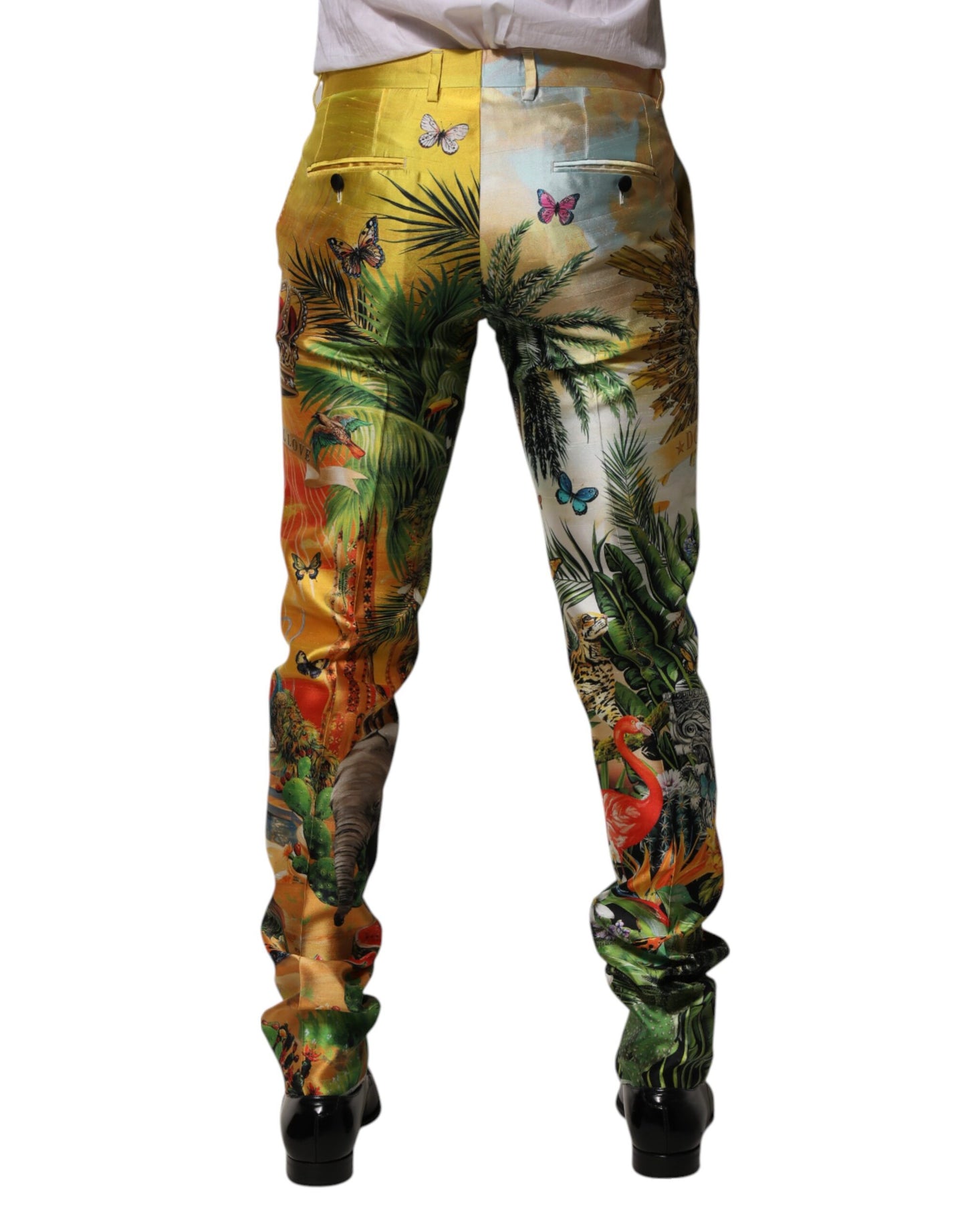 Dolce &amp; Gabbana Multicolor Forest Print Silk Skinny Men Pants