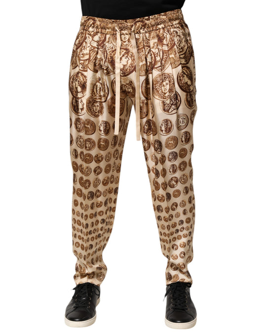 Dolce &amp; Gabbana Beige Coin Print Silk Twill Men Jogger Pants