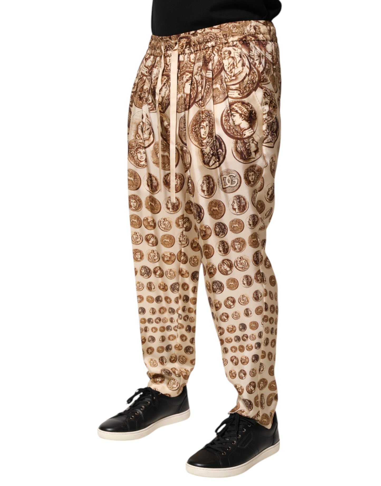 Dolce &amp; Gabbana Beige Coin Print Silk Twill Men Jogger Pants
