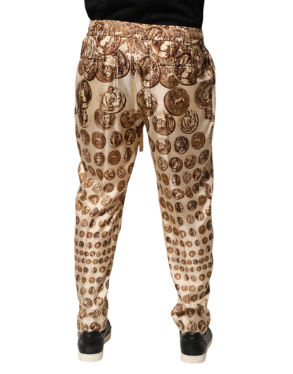 Dolce &amp; Gabbana Beige Coin Print Silk Twill Men Jogger Pants