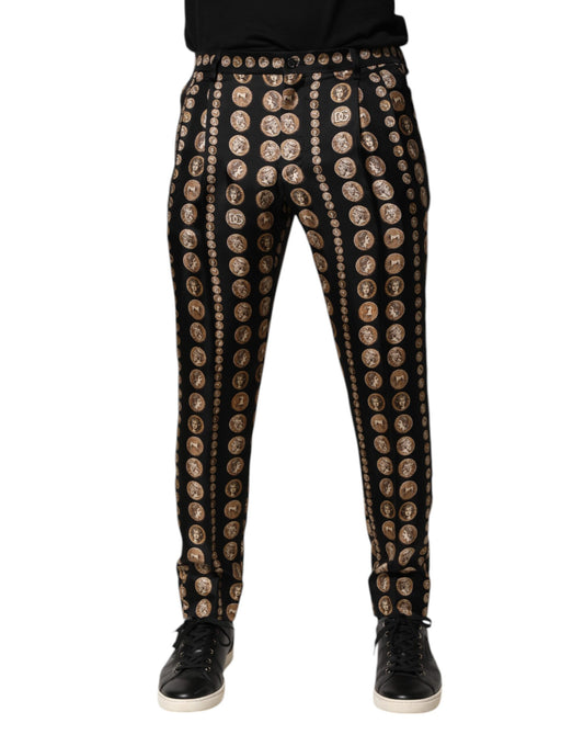 Dolce &amp; Gabbana Black Coin Print Silk Skinny Men Trouser Pants