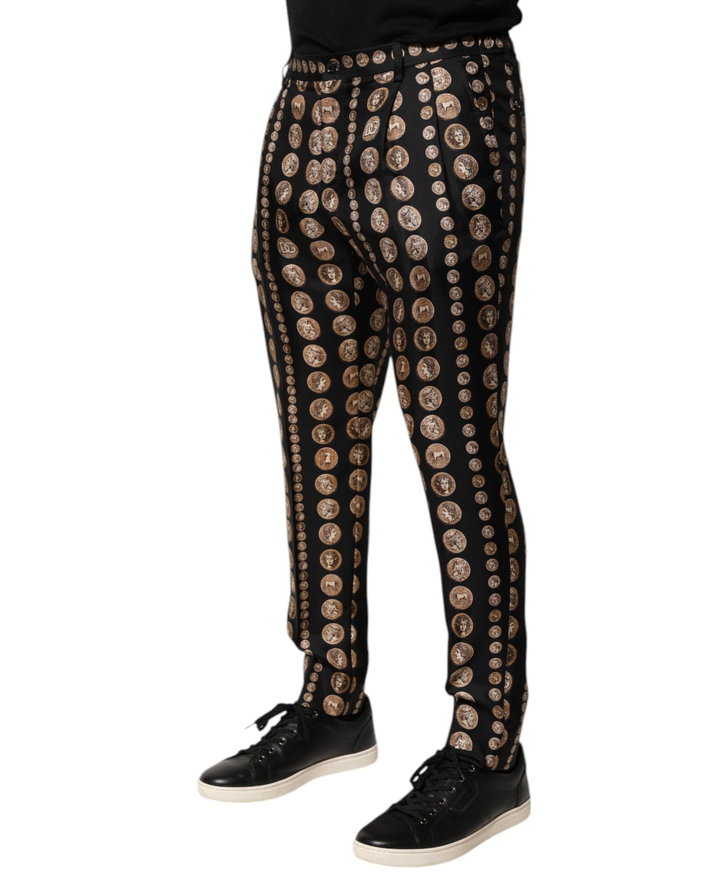 Dolce &amp; Gabbana Black Coin Print Silk Skinny Men Trouser Pants