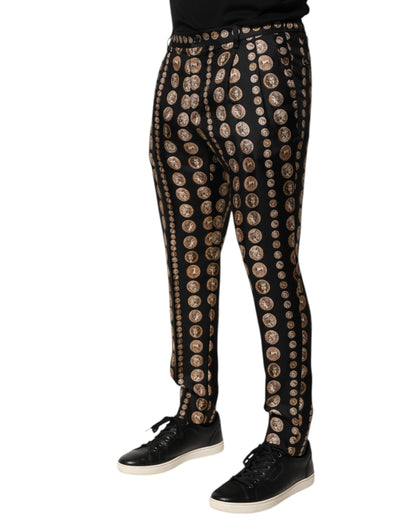 Dolce &amp; Gabbana Black Coin Print Silk Skinny Men Trouser Pants