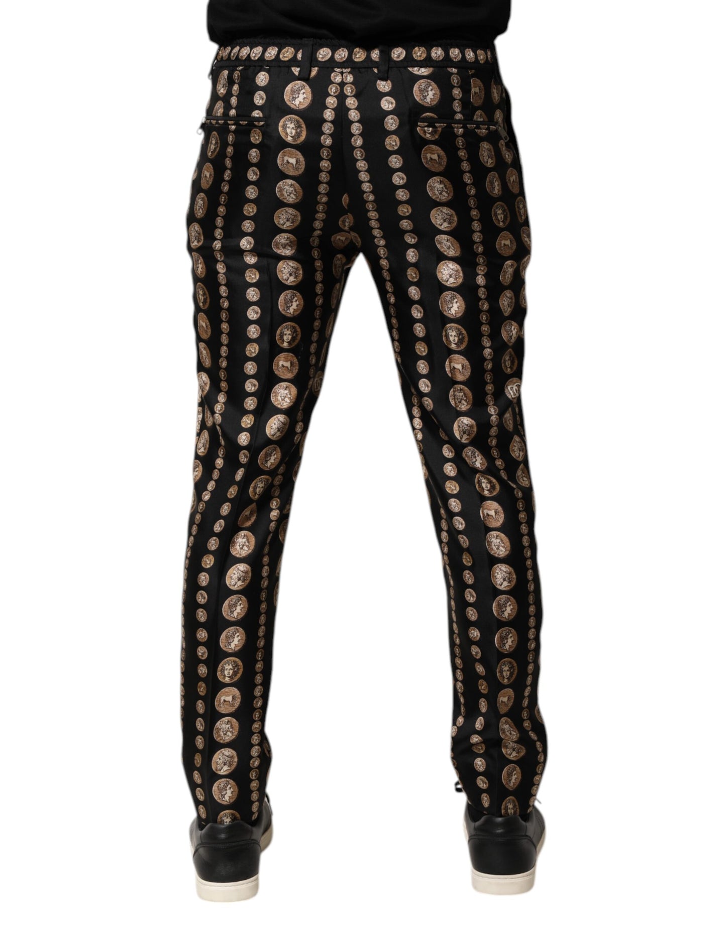 Dolce &amp; Gabbana Black Coin Print Silk Skinny Men Trouser Pants