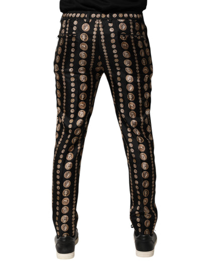 Dolce &amp; Gabbana Black Coin Print Silk Skinny Men Trouser Pants