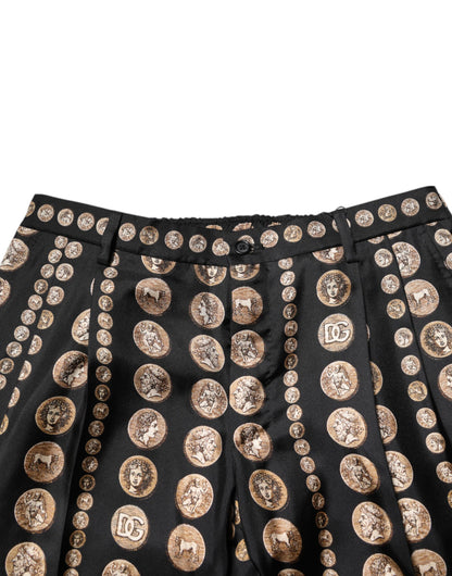 Dolce &amp; Gabbana Black Coin Print Silk Skinny Men Trouser Pants