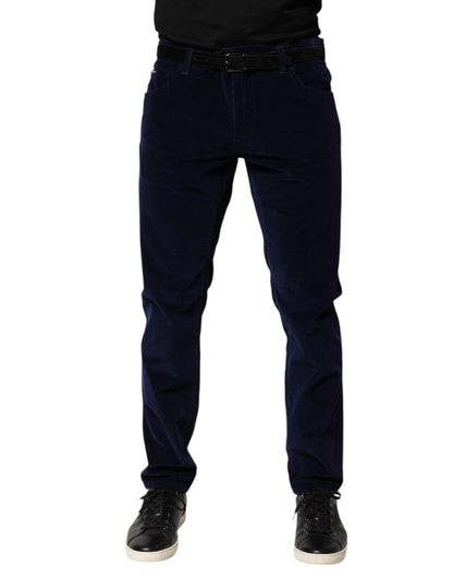 Dolce &amp; Gabbana Navy Blue Cotton Tapered Formal Trouser Pants