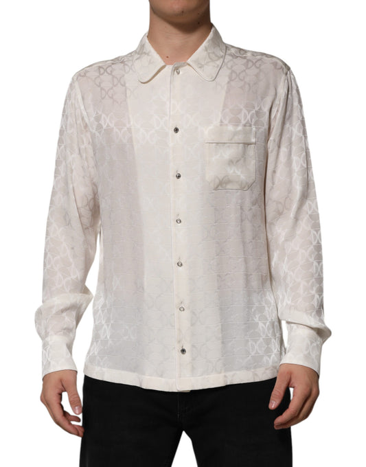 Dolce &amp; Gabbana White Silk DG Logo Print Long Sleeves Shirt