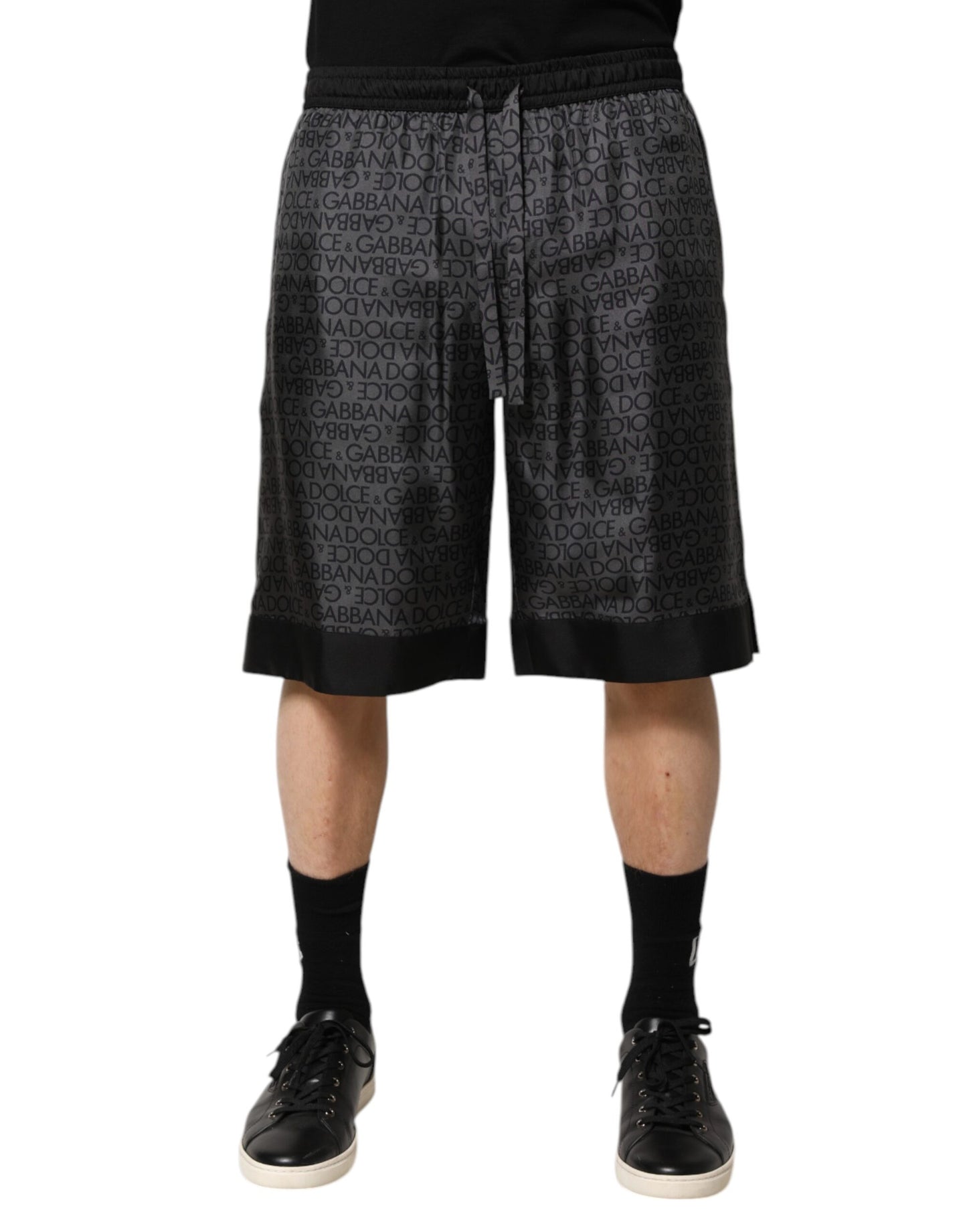 Dolce &amp; Gabbana Gray Black Silk DG Logo Men Bermuda Shorts