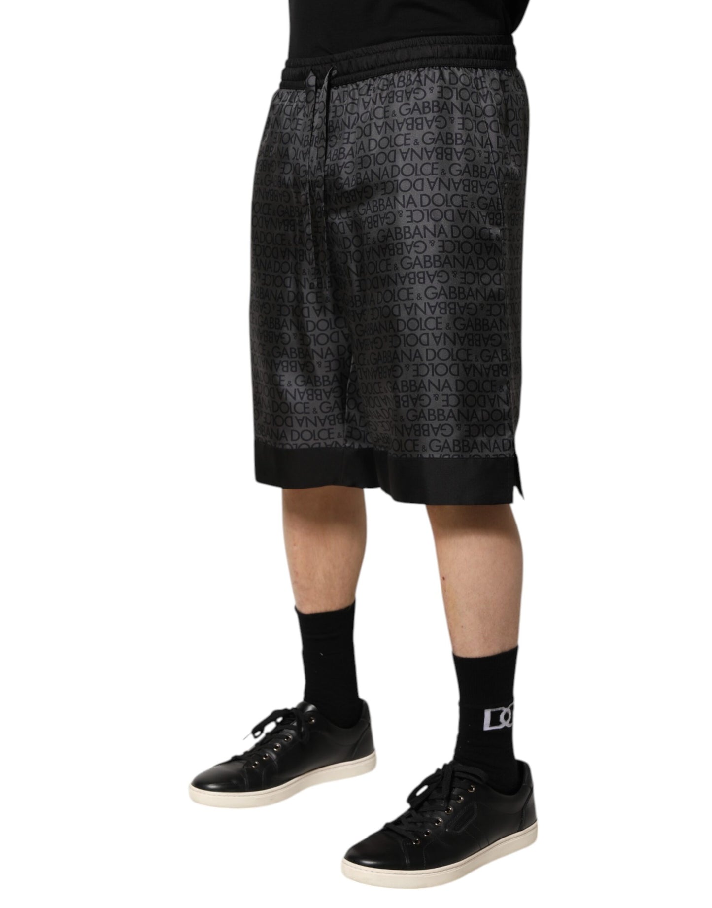 Dolce &amp; Gabbana Gray Black Silk DG Logo Men Bermuda Shorts