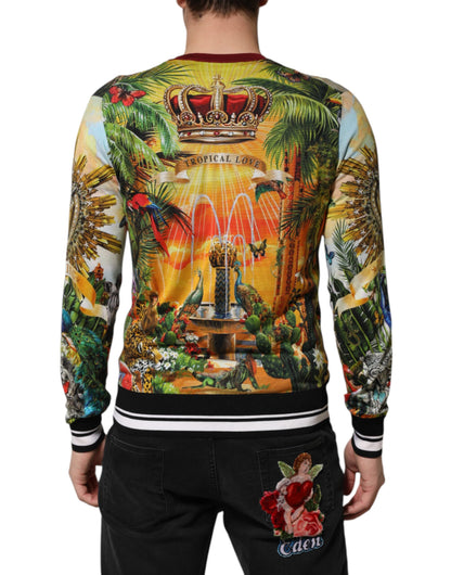 Dolce &amp; Gabbana Tropical Heart Crown Silk Pullover Sweater