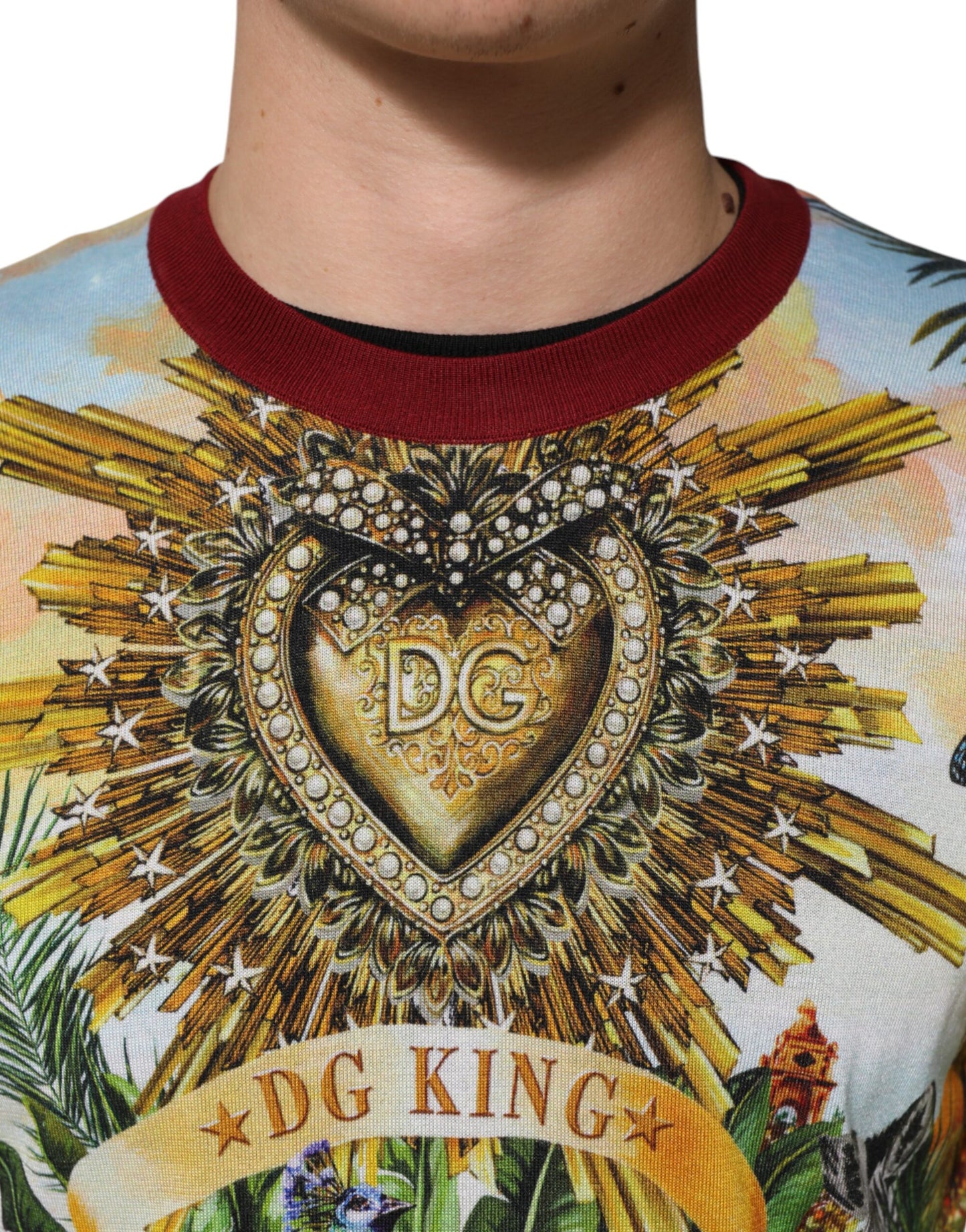 Dolce &amp; Gabbana Tropical Heart Crown Silk Pullover Sweater