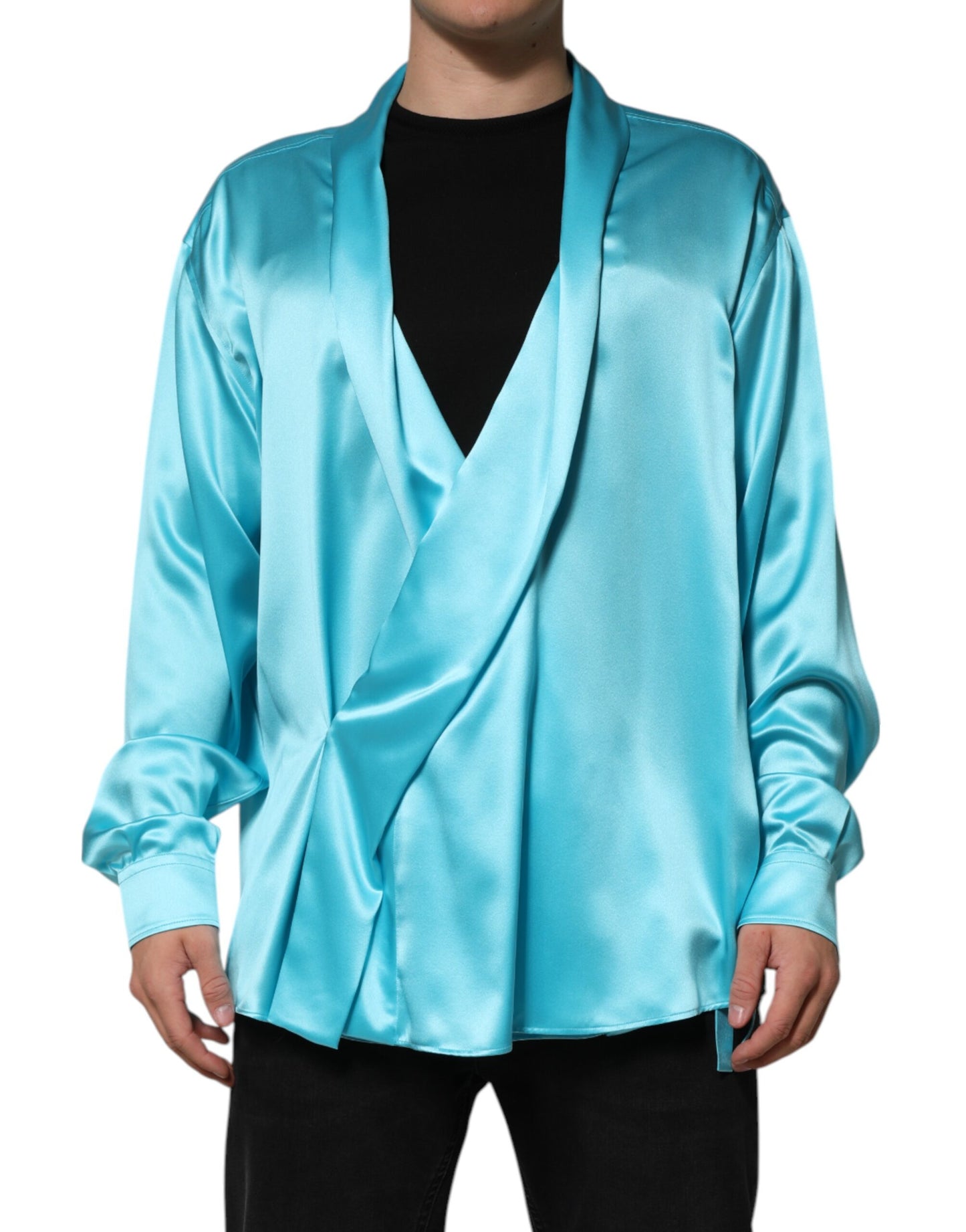 Dolce &amp; Gabbana Aqua Blue Silk Wrap Style Long Sleeve Sweater