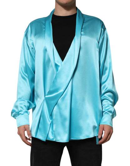Dolce &amp; Gabbana Aqua Blue Silk Wrap Style Long Sleeve Sweater