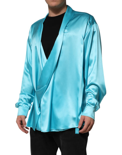 Dolce &amp; Gabbana Aqua Blue Silk Wrap Style Long Sleeve Sweater
