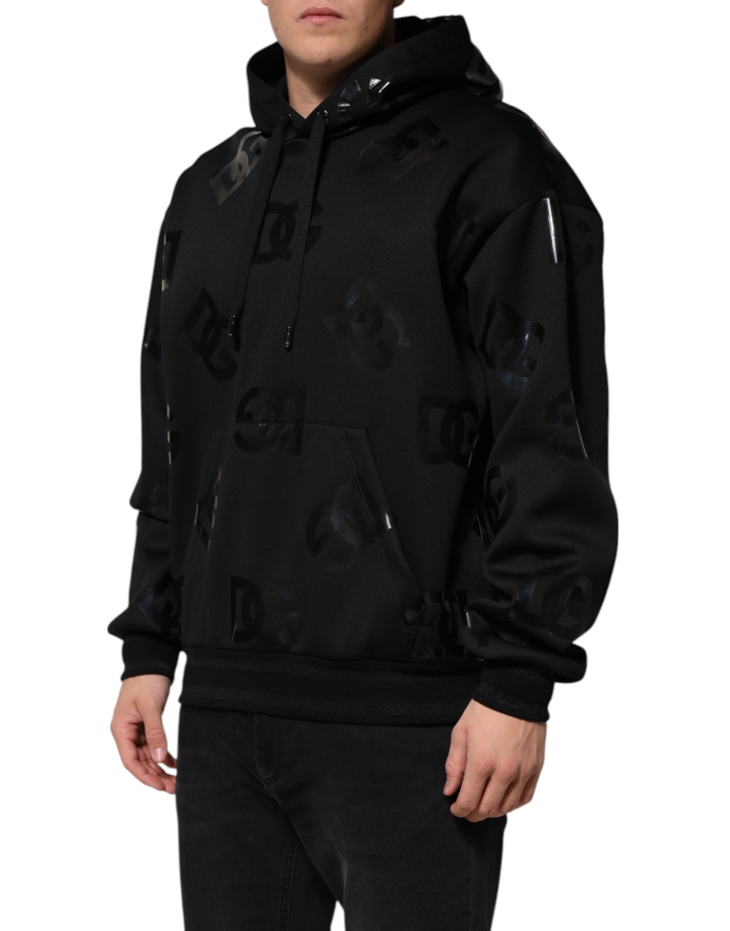 Dolce &amp; Gabbana Black DG Logo Hoodie Metallic Print Sweater