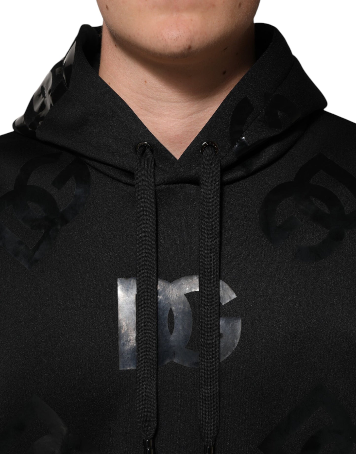 Dolce &amp; Gabbana Black DG Logo Hoodie Metallic Print Sweater