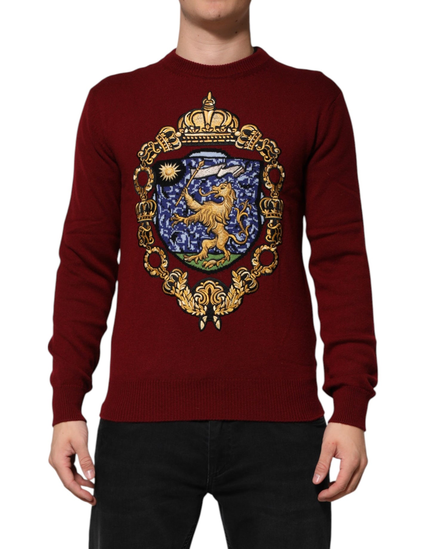 Dolce &amp; Gabbana Burgundy Cashmere Lion Crest Pullover Sweater
