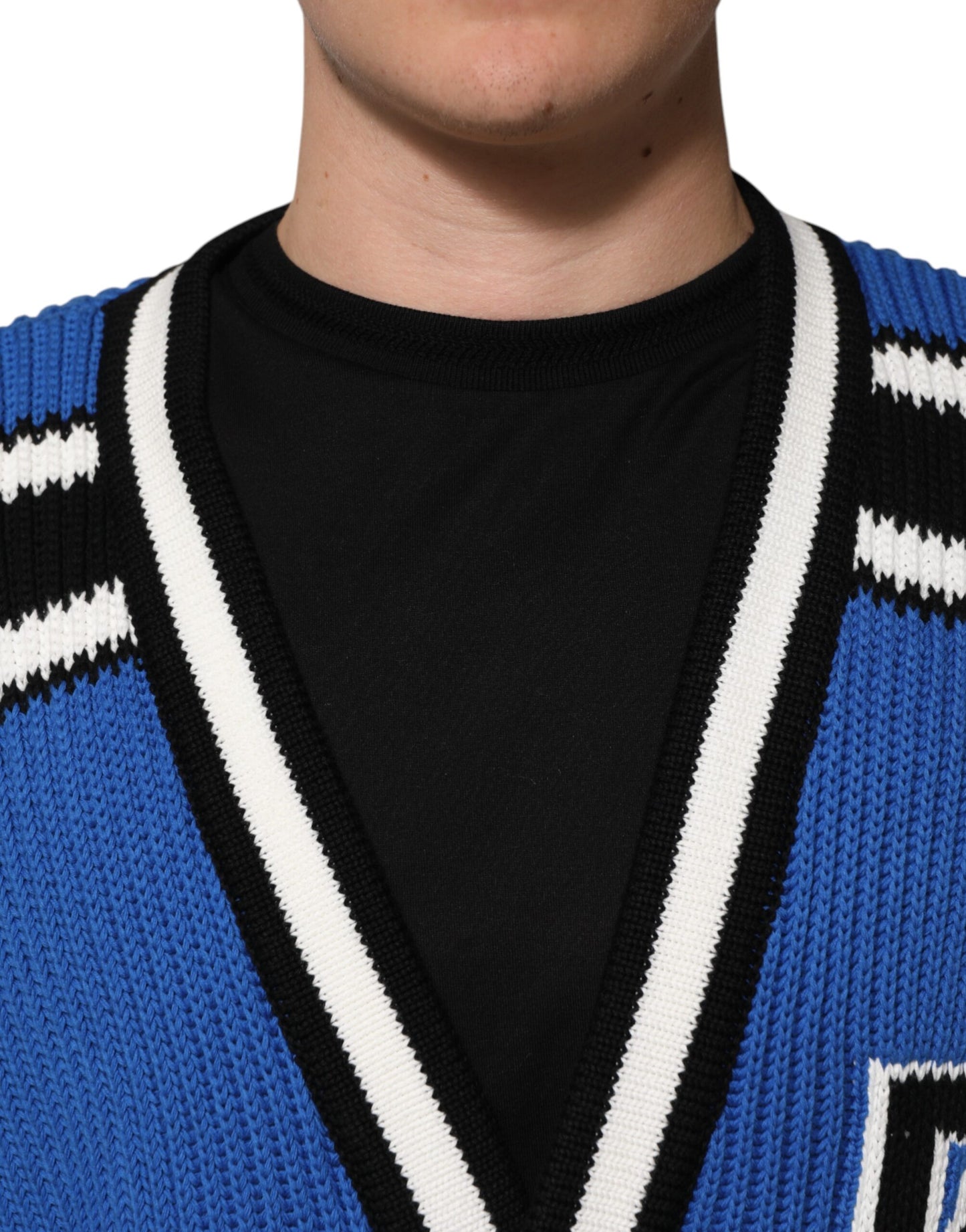 Dolce &amp; Gabbana Blue Cotton Logo Patch Ribbed Knit Cardigan Sweater