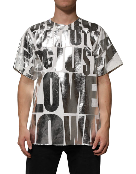 Dolce &amp; Gabbana White Cotton Silver Metallic Slogan Print T-shirt