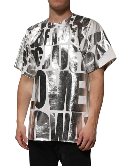 Dolce &amp; Gabbana White Cotton Silver Metallic Slogan Print T-shirt