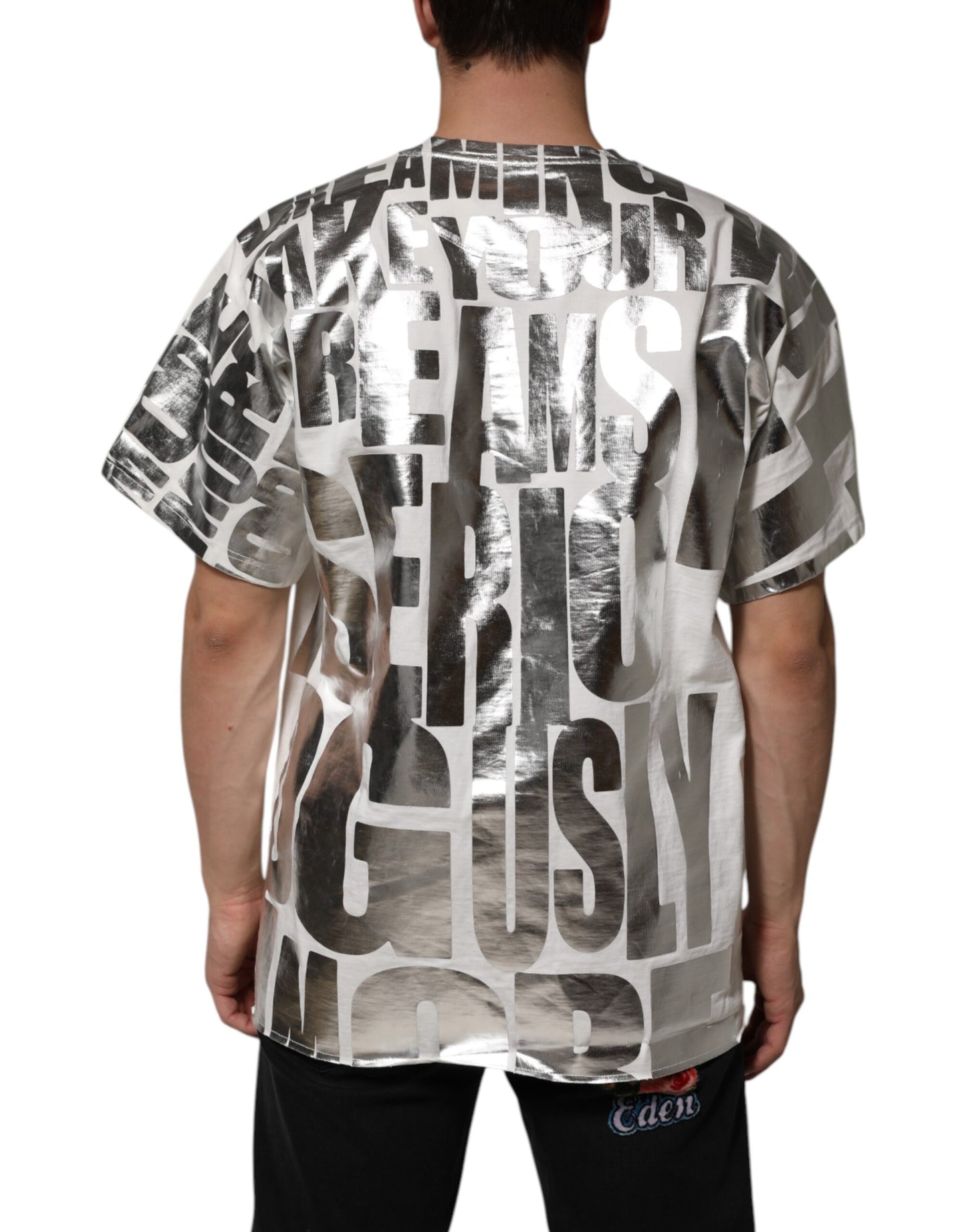Dolce &amp; Gabbana White Cotton Silver Metallic Slogan Print T-shirt