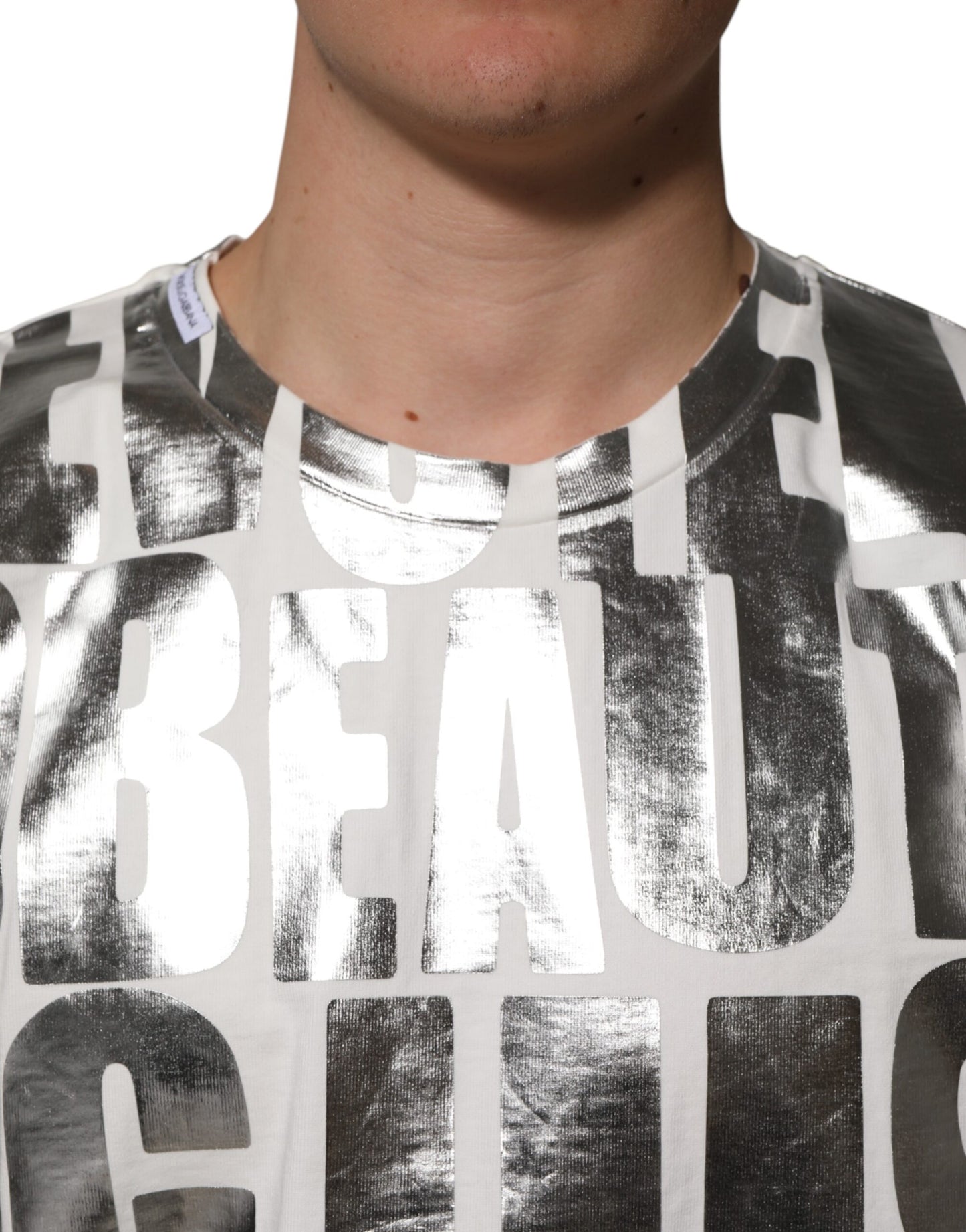 Dolce &amp; Gabbana White Cotton Silver Metallic Slogan Print T-shirt