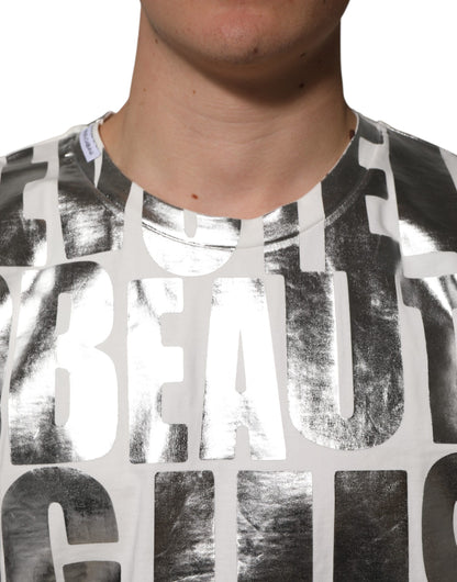 Dolce &amp; Gabbana White Cotton Silver Metallic Slogan Print T-shirt