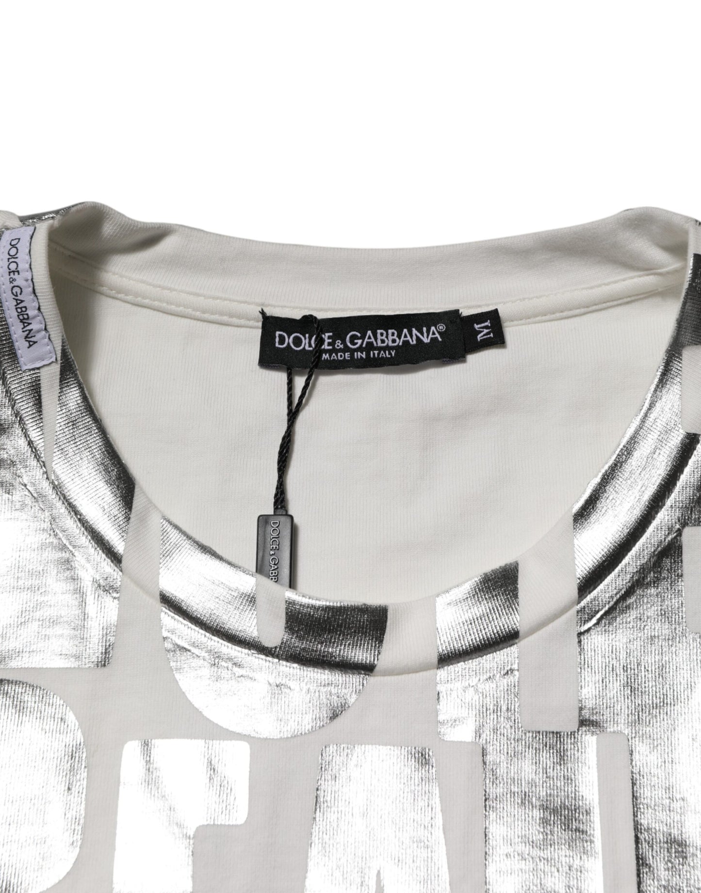 Dolce &amp; Gabbana White Cotton Silver Metallic Slogan Print T-shirt