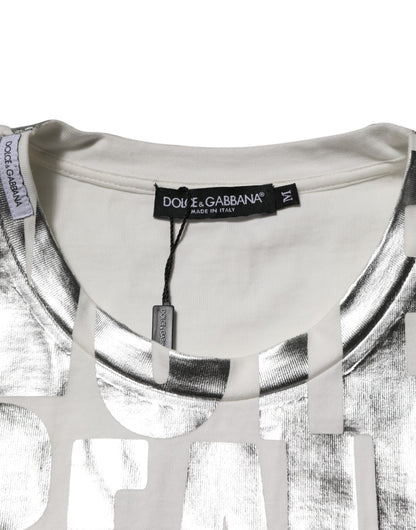 Dolce &amp; Gabbana White Cotton Silver Metallic Slogan Print T-shirt