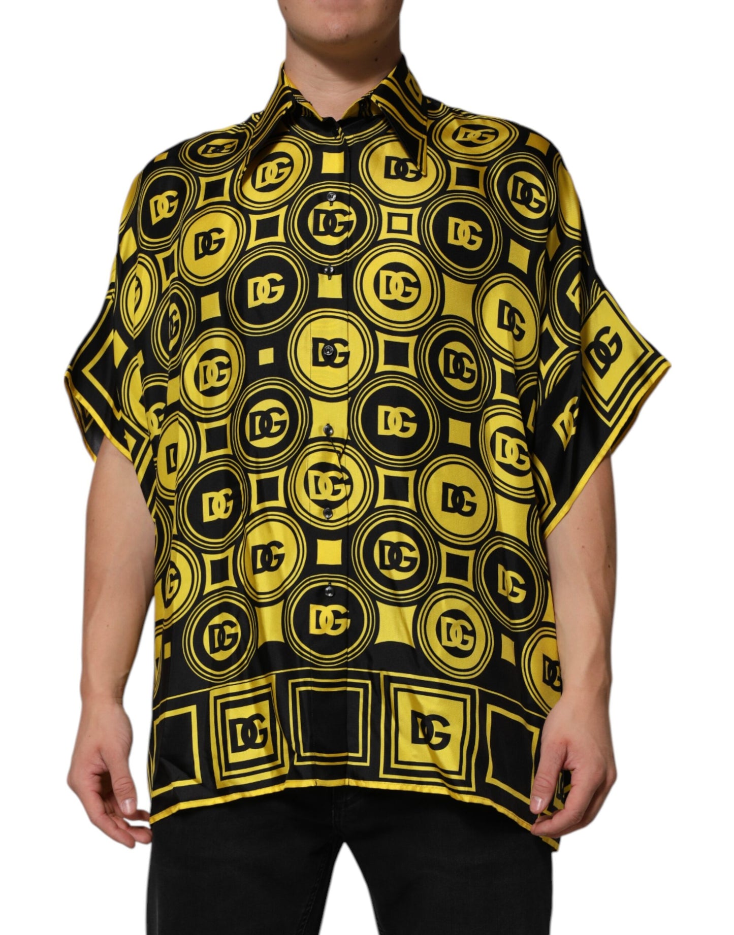 Dolce &amp; Gabbana Yellow Silk Silver DG Logo Geometric T-shirt
