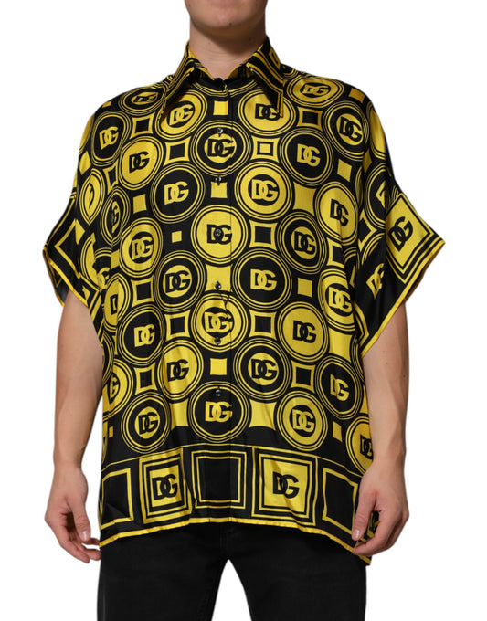Dolce &amp; Gabbana Yellow Silk Silver DG Logo Geometric T-shirt