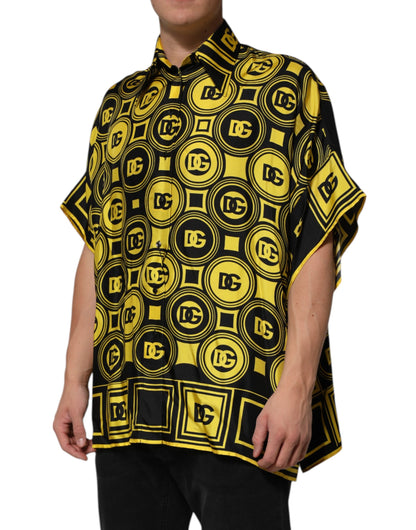 Dolce &amp; Gabbana Yellow Silk Silver DG Logo Geometric T-shirt