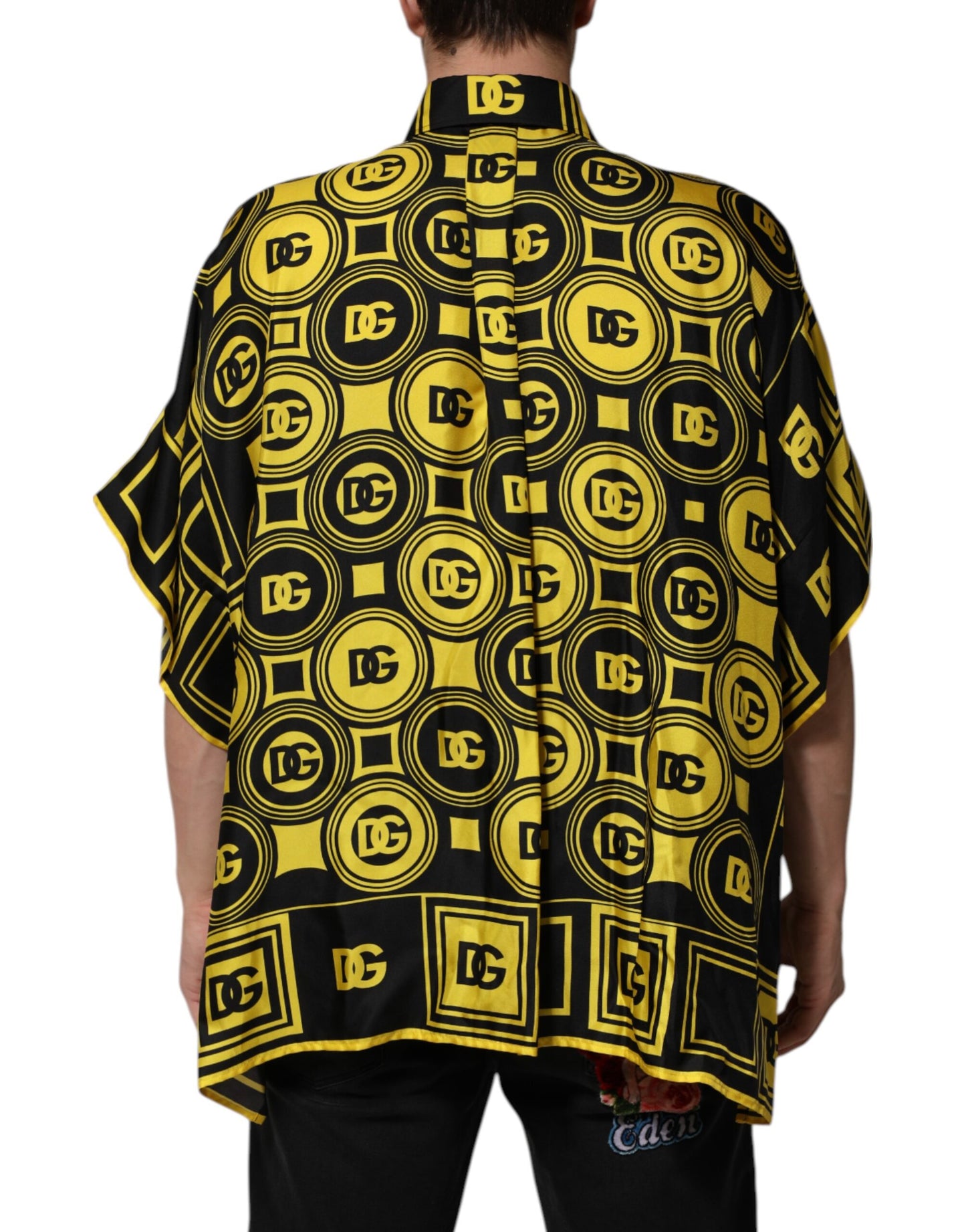 Dolce &amp; Gabbana Yellow Silk Silver DG Logo Geometric T-shirt