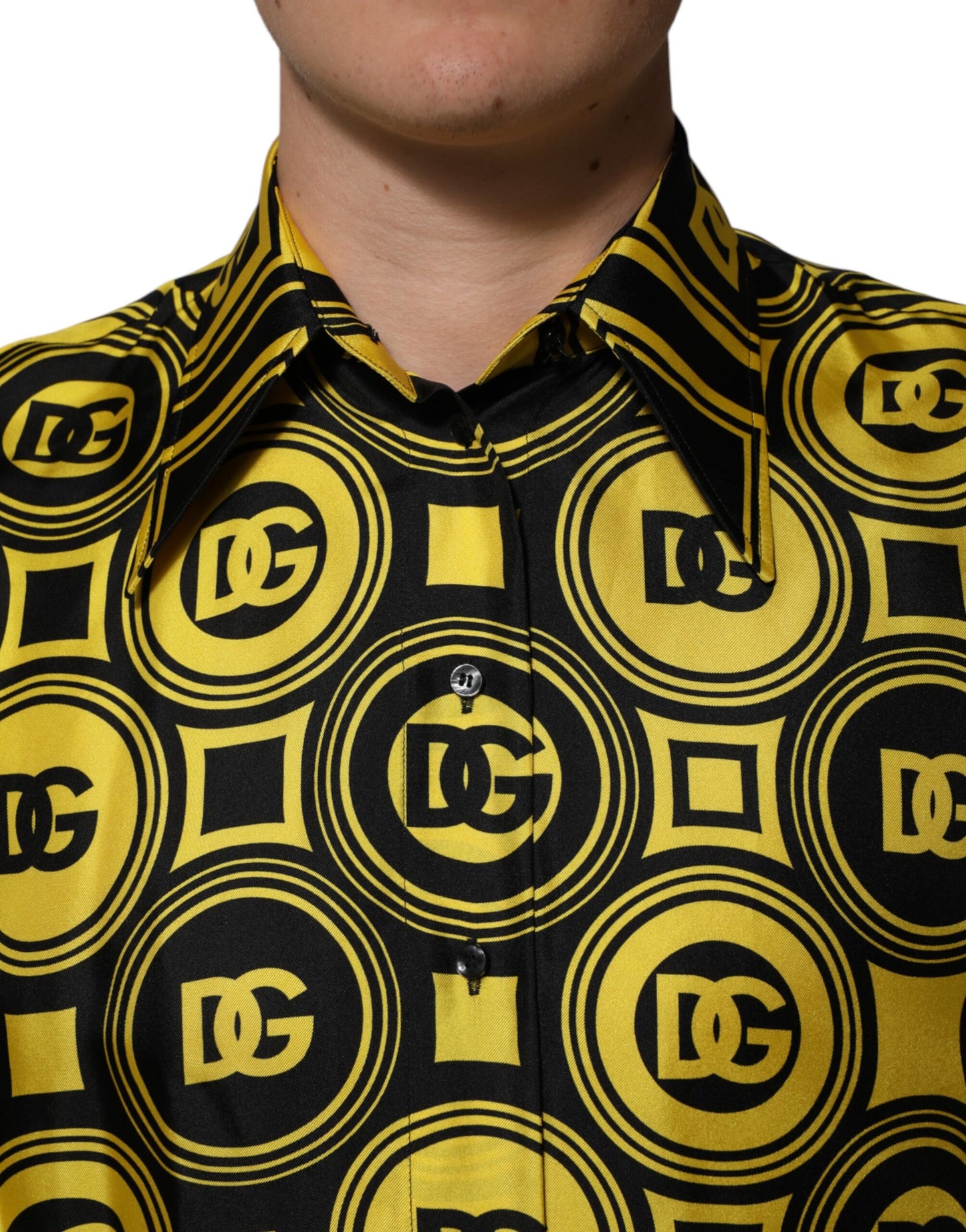 Dolce &amp; Gabbana Yellow Silk Silver DG Logo Geometric T-shirt