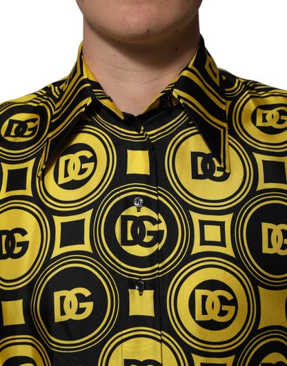 Dolce &amp; Gabbana Yellow Silk Silver DG Logo Geometric T-shirt