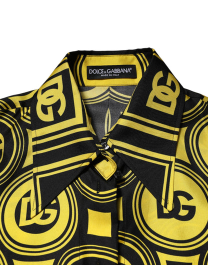 Dolce &amp; Gabbana Yellow Silk Silver DG Logo Geometric T-shirt