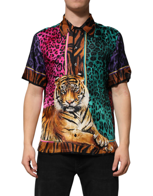 Dolce &amp; Gabbana Multicolor Silk Tiger Print Hawaiian T-shirt