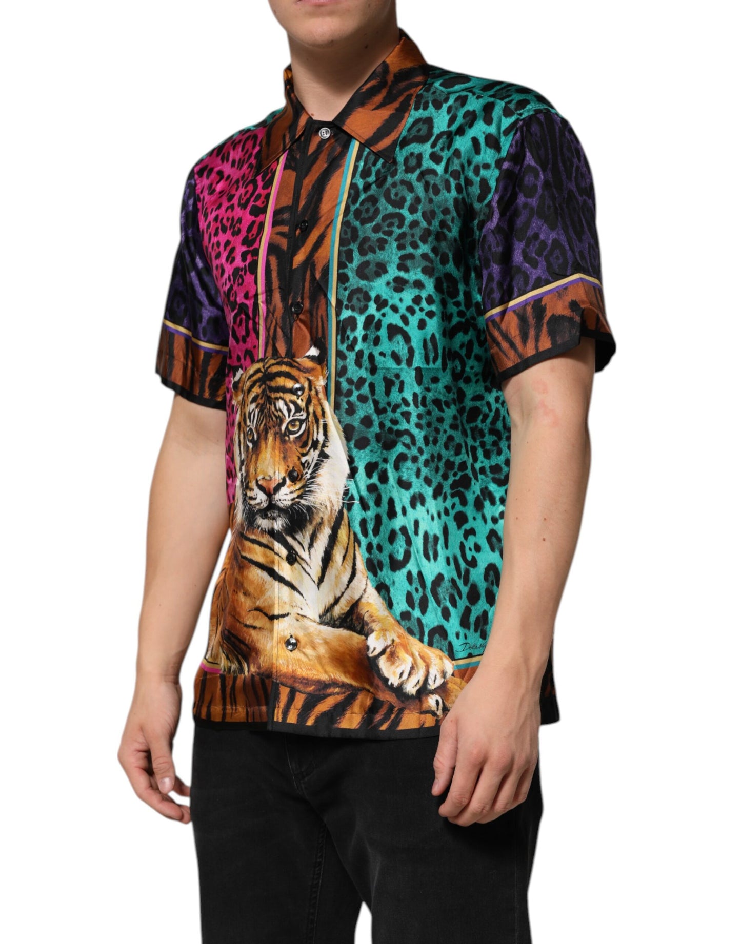 Dolce &amp; Gabbana Multicolor Silk Tiger Print Hawaiian T-shirt