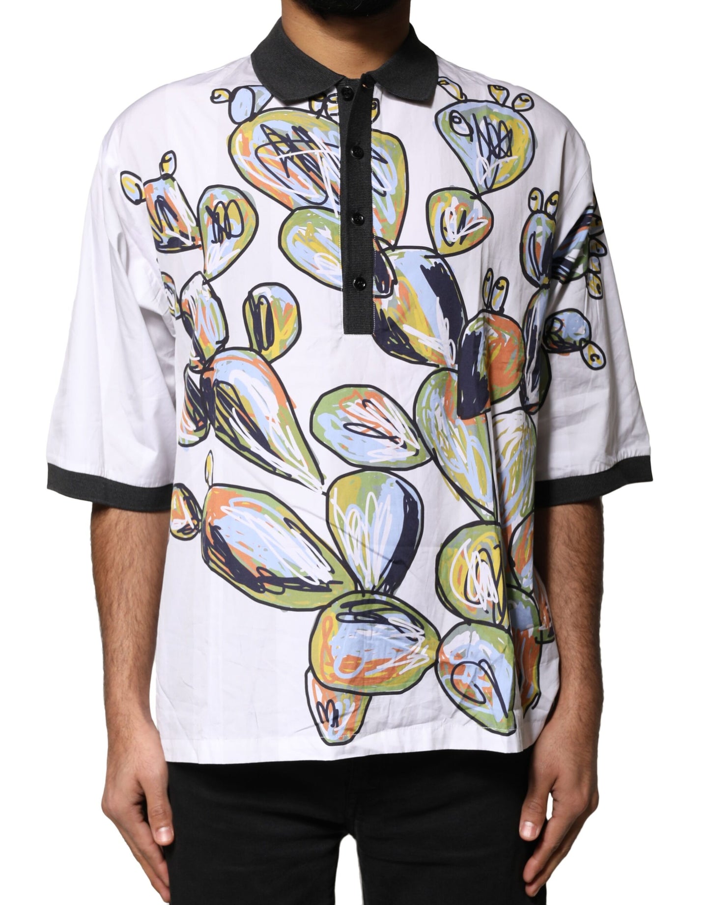 Dolce &amp; Gabbana White Sketch Print Oversized Mens Polo T-shirt