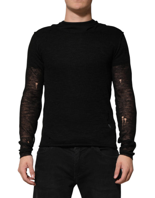 Dolce &amp; Gabbana Black Linen Mesh Tattered Longsleeves T-shirt