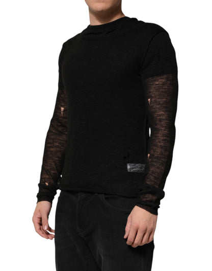 Dolce &amp; Gabbana Black Linen Mesh Tattered Longsleeves T-shirt