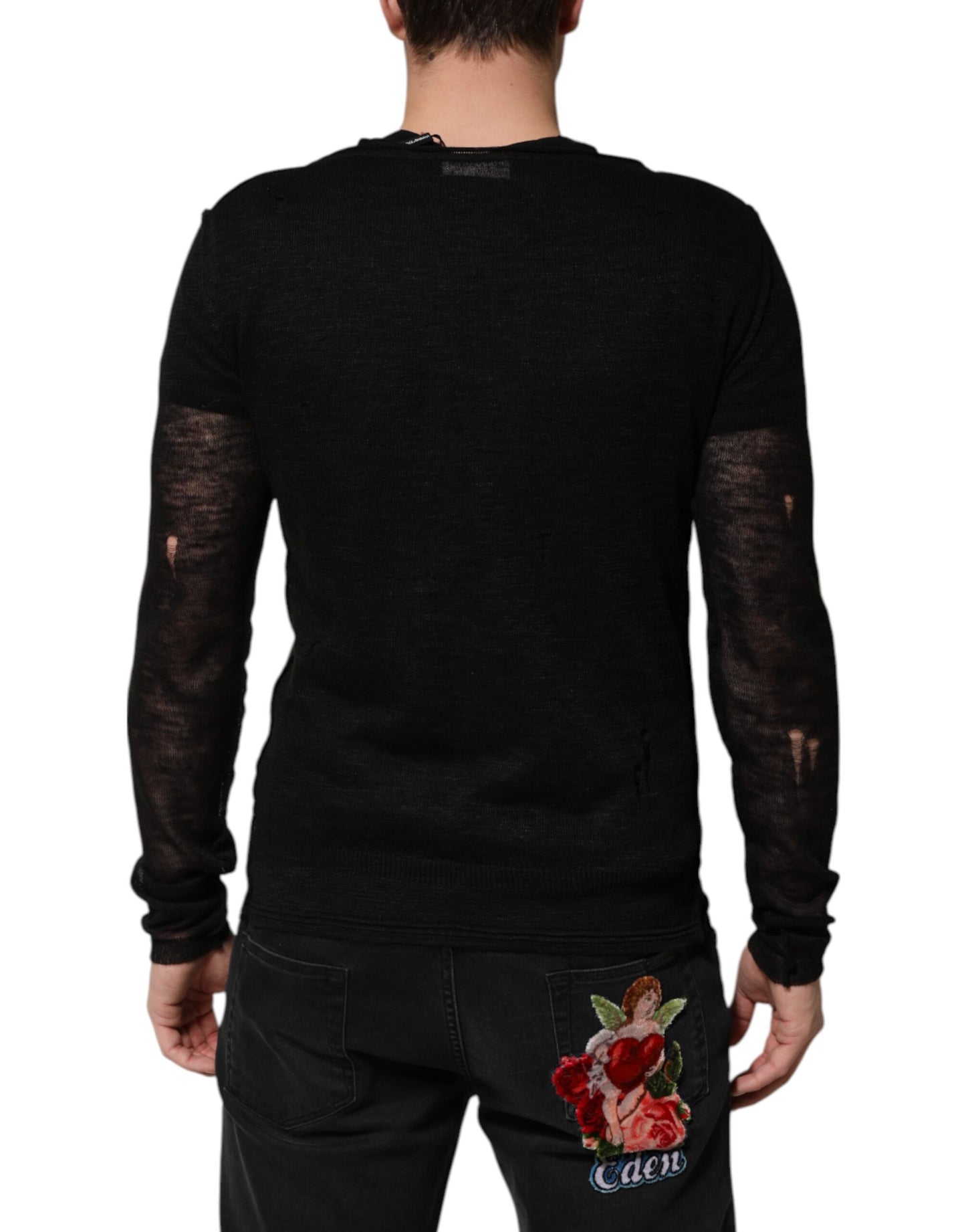Dolce &amp; Gabbana Black Linen Mesh Tattered Longsleeves T-shirt